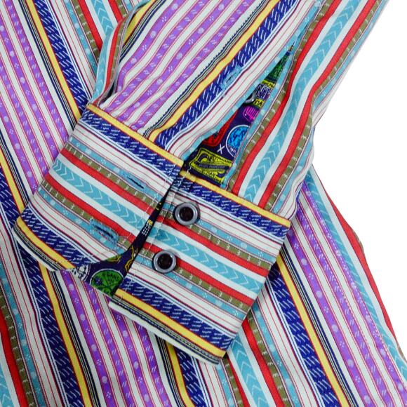 Robert Graham Multicolor Striped Embroidered Button Up Shirt Flip Cuff Mens L - Picture 5 of 8